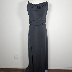 Sleeveless Maxi Dress Dark Gray/Black Cowl Neck Evening Gown‎ Slit Formal XL
